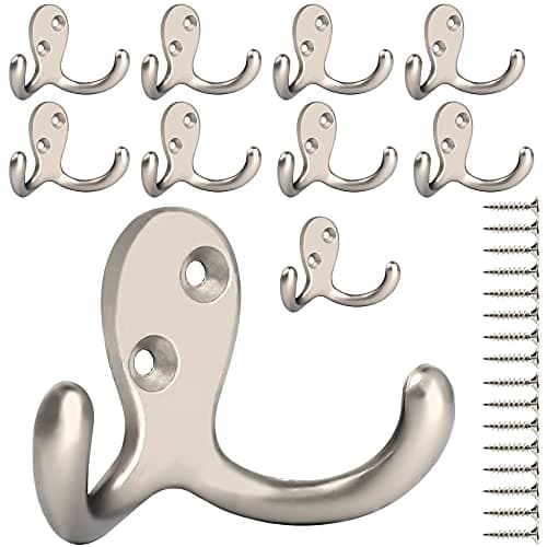 Retro Double Hooks for Coat, Scarf, Bag, Towel, Key, Cap, Cup, Hat — 10 Pcs Silvery