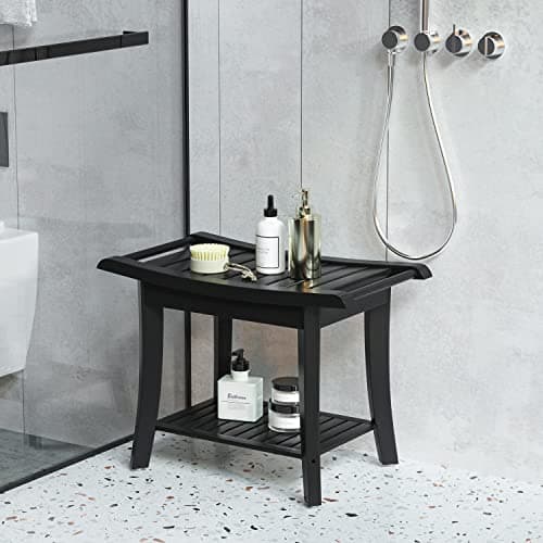 Waterproof Black Bamboo Shower Bench with Storage - Space-Efficient Spa Seat for Bathroom