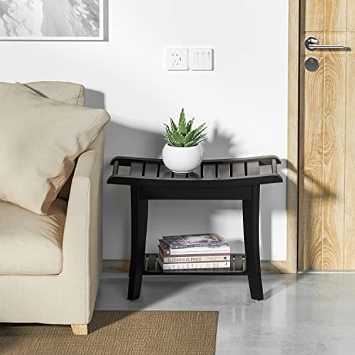 Waterproof Black Bamboo Shower Bench with Storage - Space-Efficient Spa Seat for Bathroom