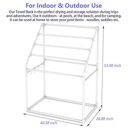 Heavy Duty Poolside Towel Rack for Pool, Lake, RV, PVC Outdoor Shelf, Includes 4 Towel Clips & Hammer
