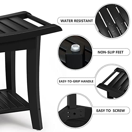 Waterproof Black Bamboo Shower Bench with Storage - Space-Efficient Spa Seat for Bathroom