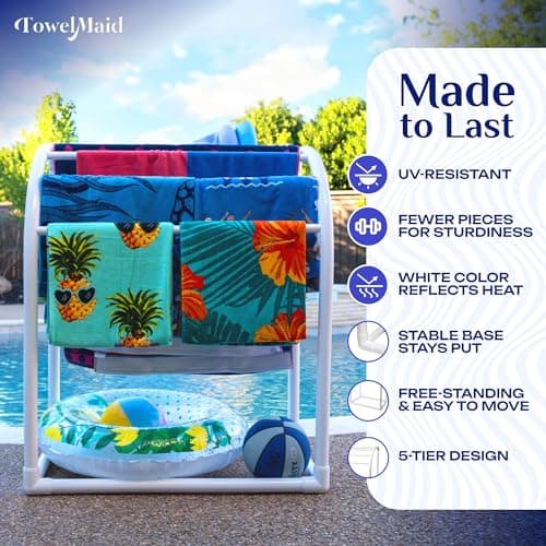 USA-Made 5 Bar Curved Outdoor Poolside Storage Towel Rack, White