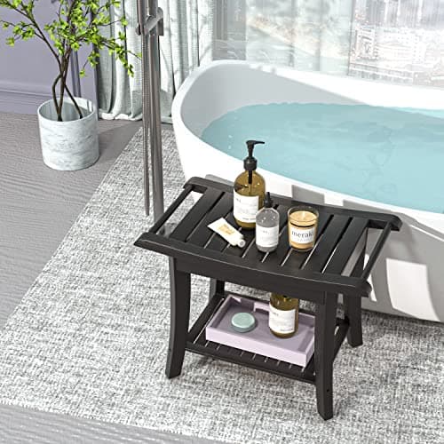 Bamboo Waterproof Shower Bench with Storage for Legs & Spa Baths (Black)