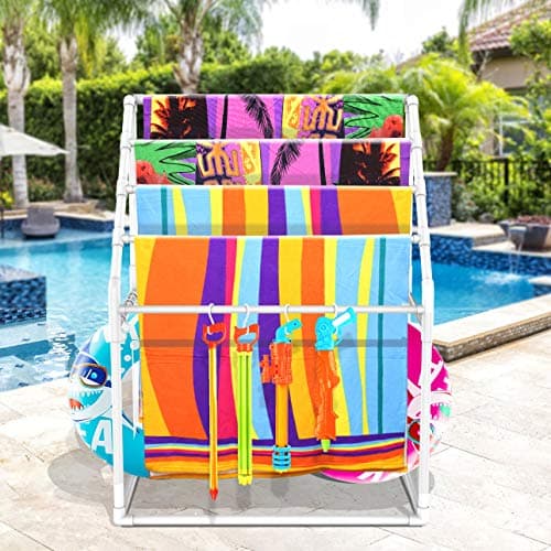 Heavy Duty Poolside Towel Rack for Pool, Lake, RV, PVC Outdoor Shelf, Includes 4 Towel Clips & Hammer