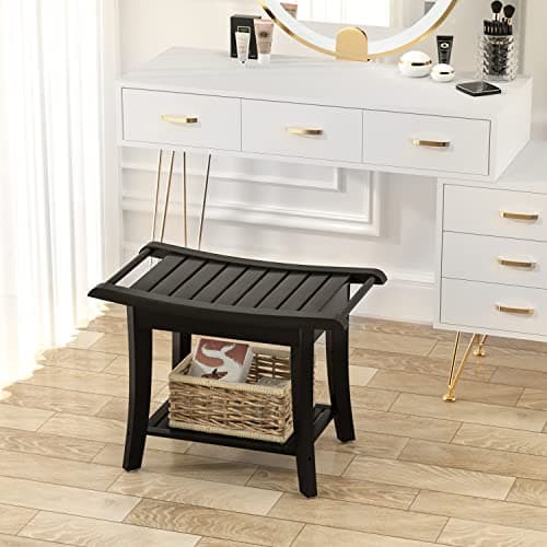 Waterproof Black Bamboo Shower Bench with Storage - Space-Efficient Spa Seat for Bathroom