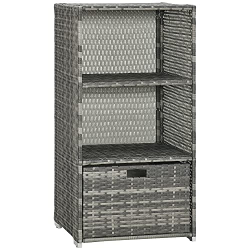 Outsunny Valet Pool Towel Rack, Espresso, 2 Shelves + 1 Basket Drawer — Grey