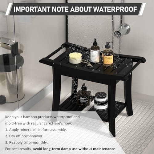 Bamboo Waterproof Shower Bench with Storage for Legs & Spa Baths (Black)
