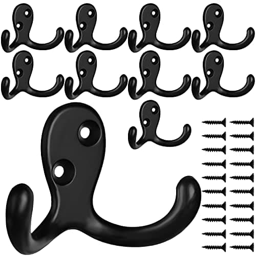 Retro Double Hooks for Coat, Scarf, Bag, Towel, Key, Cap, Cup, Hat — 10 Pcs Black