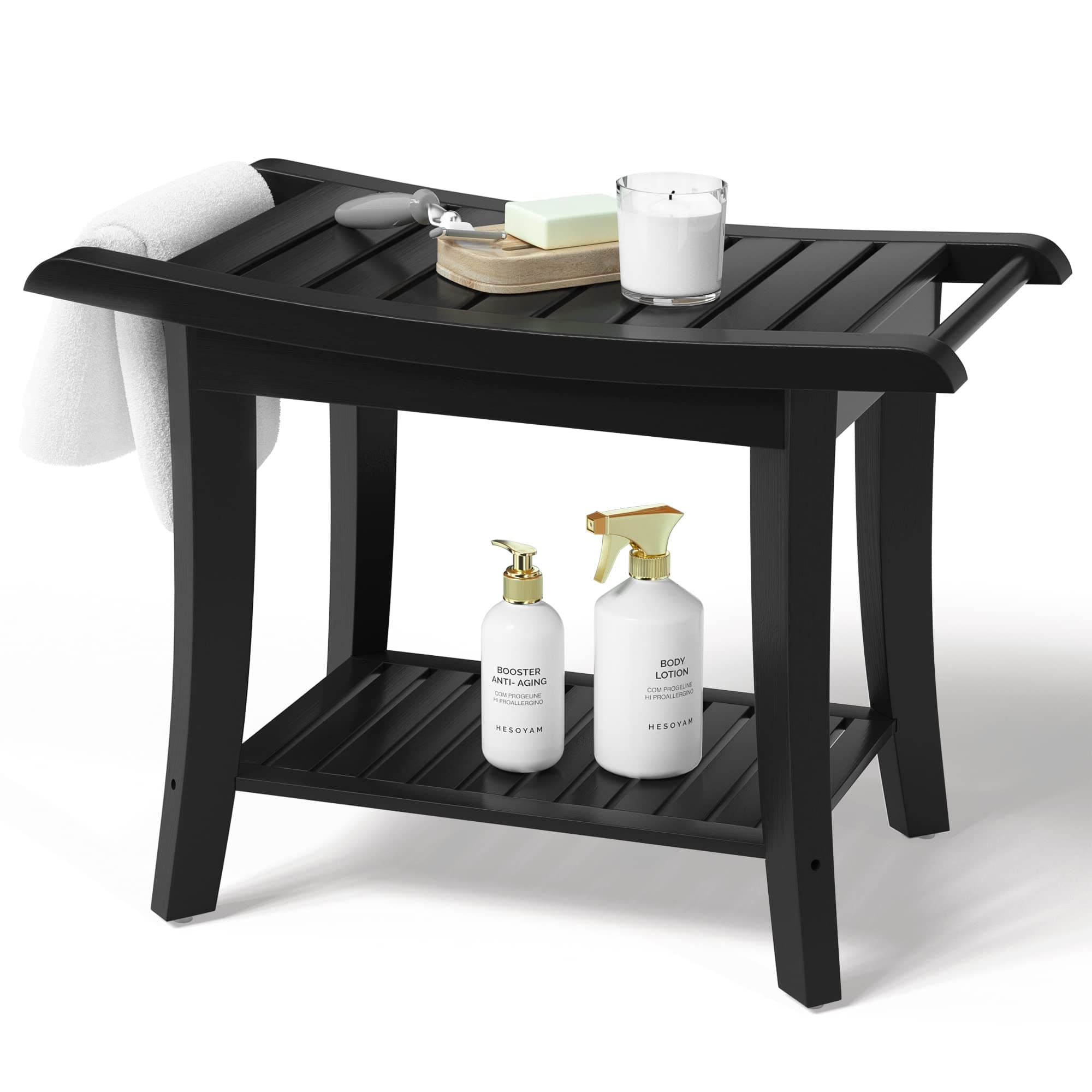 Waterproof Black Bamboo Shower Bench with Storage - Space-Efficient Spa Seat for Bathroom