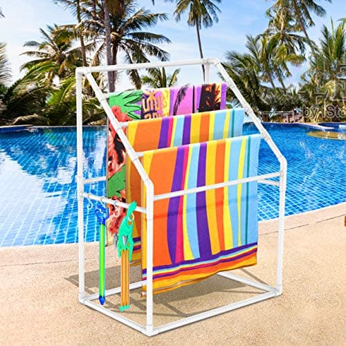Heavy Duty Poolside Towel Rack for Pool, Lake, RV, PVC Outdoor Shelf, Includes 4 Towel Clips & Hammer
